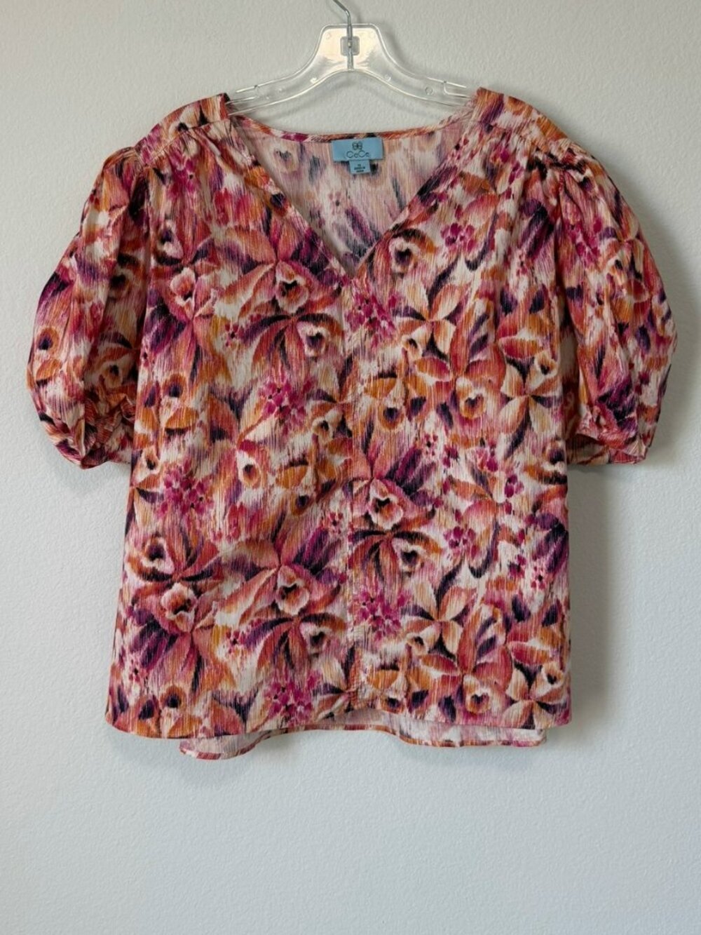CeCe Puff Short Sleeve V-Neck Cotton Blend Abstract Floral Blouse Size 1X